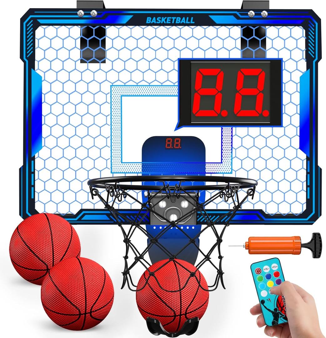 Remote Control Basketball Hoop Indoor with 7 LED Lighting, Mini Basketball Hoop with Electronic Scoreboard, 3 Modes, Over Door Basketball Hoop, Basketball Toys Sport Gifts for Kids, Adults (Blue)