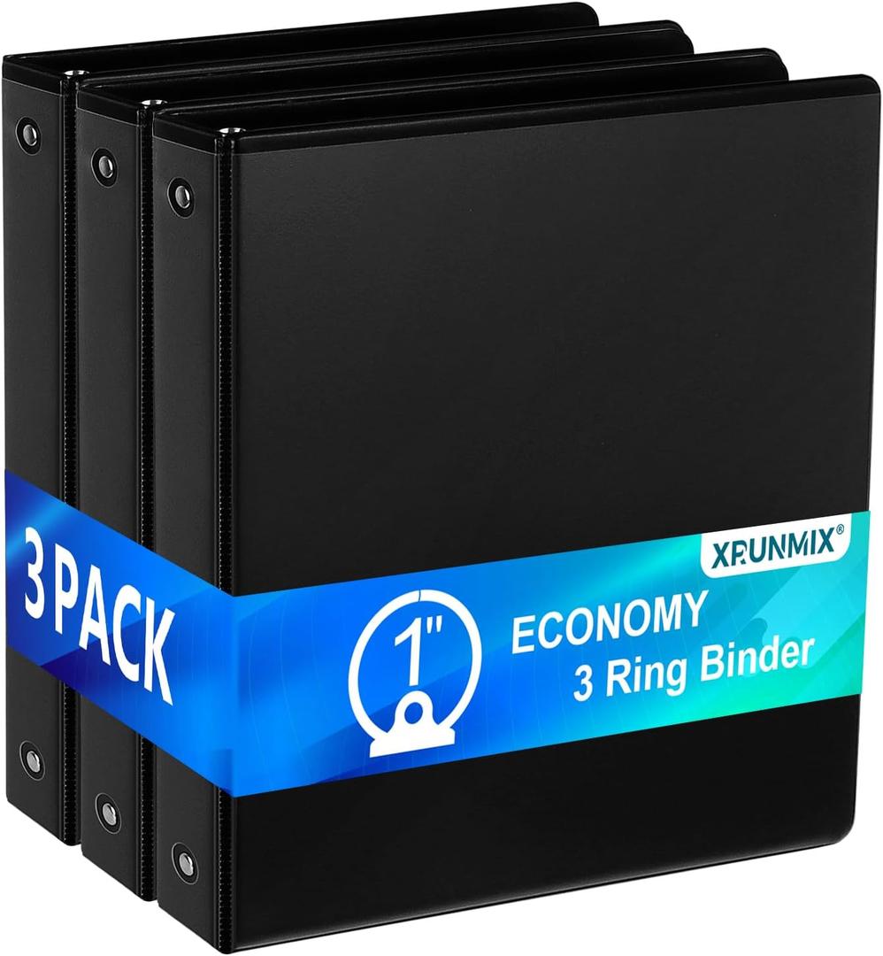 1'' Economy 3-Ring Binders, 1-inch Round Rings, Holds 200 Sheets US Letter Size, ClearVue Presentation View, Non-Stick, Black (3)