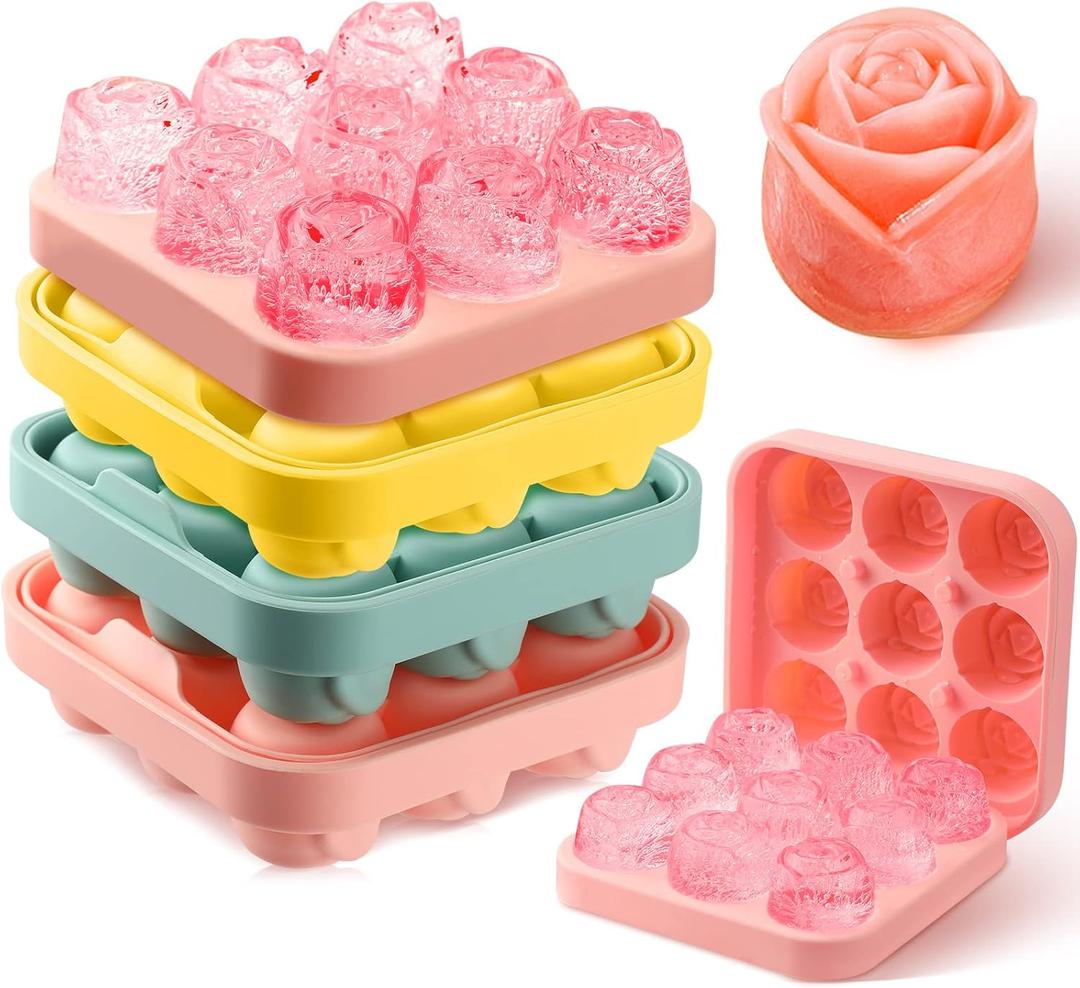 Censen 4 Pcs Silicone Rose Ice Cube Mold with Covers Fun Shapes Flower Ice Cube Mold Trays Maker 9 Cavity Easy Release Form for Whiskey Bourbon Cocktails Wine Coffee Juices and More (Fresh Color)