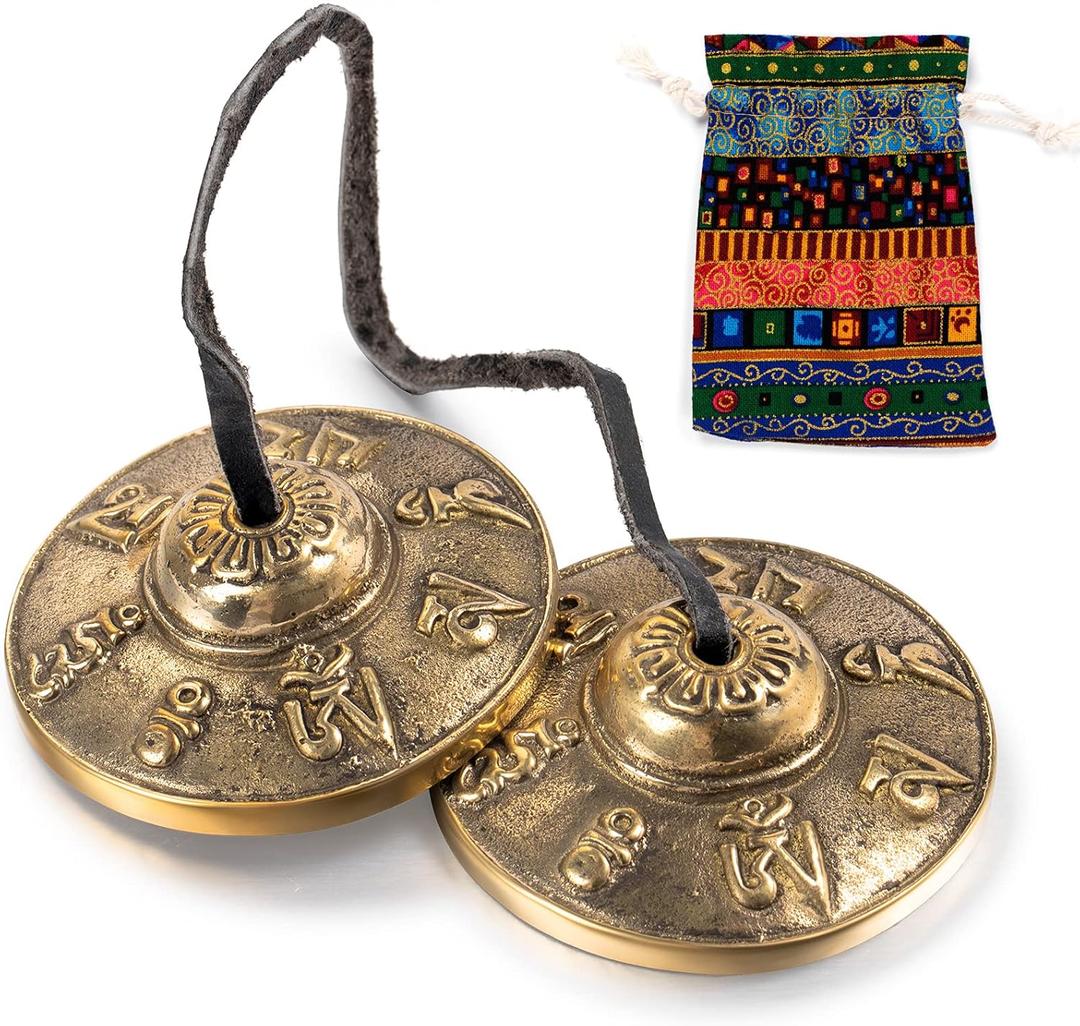 Boao Tibetan Bells Tingsha Cymbals Meditation Chime Bells with Tibetan Drawstring Cloth Bag, 6.3 cm Yoga Finger Meditation Chime for Percussion Instrument(Om Mane Padme Hum Symbols Embossed)