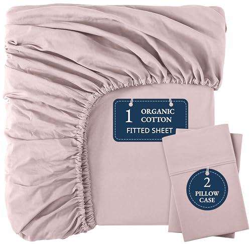 LANE LINEN 100% Organic Cotton Fitted Sheet Queen, Fully Elasticized French Reinforced Seams Soft & Comfy Snug Fit Eco Friendly Queen Size Fitted Sheet only (Pillowcases Included)- Sepia Rose