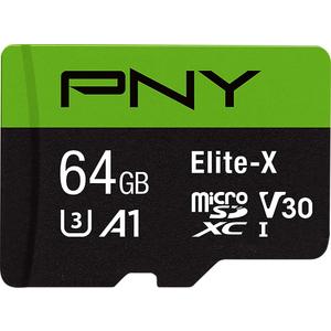 PNY 64GB Elite-X Class 10 U3 V30 microSDXC Flash Memory Card - 100MB/s, Class 10, U3, V30, A1, 4K UHD, Full HD, UHS-I, Micro SD