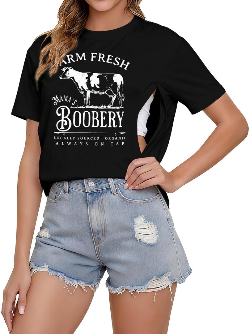 Women's Breastfeeding Shirt Zipper Nursing T-Shirt Maternity Graphic Tees, 2XL