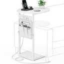 Vagusicc C Shaped End Table with Charging Station, 32" Tall Side Table for Couch and Recliner, Adjustable Height Small Couch Side Table Slide Under Sofa TV Tray Table for Living Room, Bedroom, White