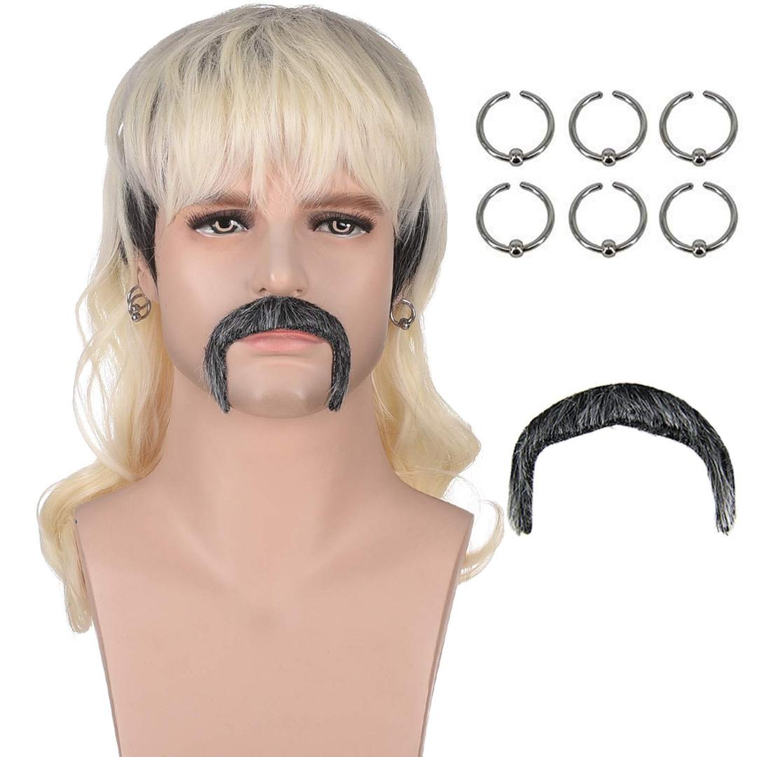 70s 80s Rocker Mullet Wig Set for Men | Dark Roots Short Blonde Wavy Wigs for Mens Halloween Cosplay Party with 6 Earrings and Mustache