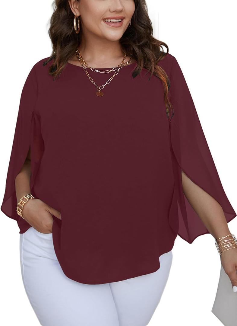 SCOMCHIC Plus Size Blouses for Women Summer Chiffon 3/4 Sleeve Tunic Tops Dressy Scoop Neck Casual Loose Flowy Shirts (5X-Large Plus, Burgundy)