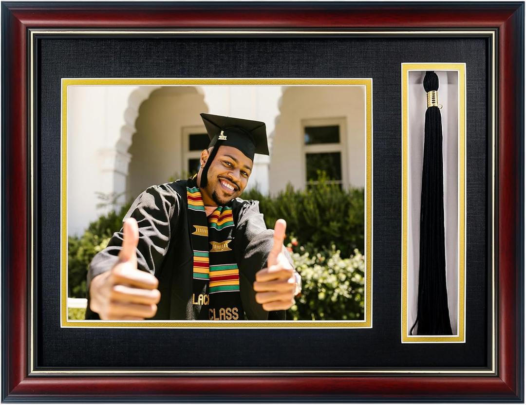 GMFrames Graduation Photo Frame with Tassel Holder for 8x10 Pictures,Solid Wood Real Glass,Black over Gold Double Mat,Wall & Tabletop Design