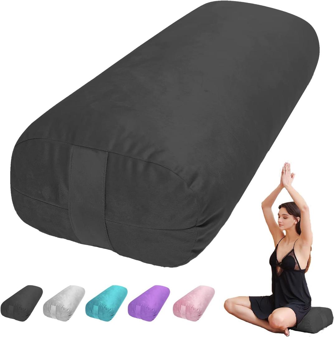 Yoga Bolster Pillow for Restorative & Yin Yoga - Meditation Pillow with Velvet Cover - Rectangular (27in /68cm, Black)