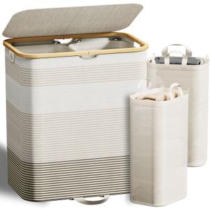 XLHOMO Double Laundry Hamper with Lid and Removable Bags, 150L Large Collapsible 2 Dividers Dirty Clothes Basket with Handles, Beige Double Laundry Basket Organizer for Bedroom,Laundry Room,College