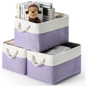 DUHEL Storage Bins 3 Pack, Fabric Storage Basket for Collapsible Medium Canvas Storage Baskets for Organizing Shelf Nursery Home Closet . (White&Purple-3PCS)