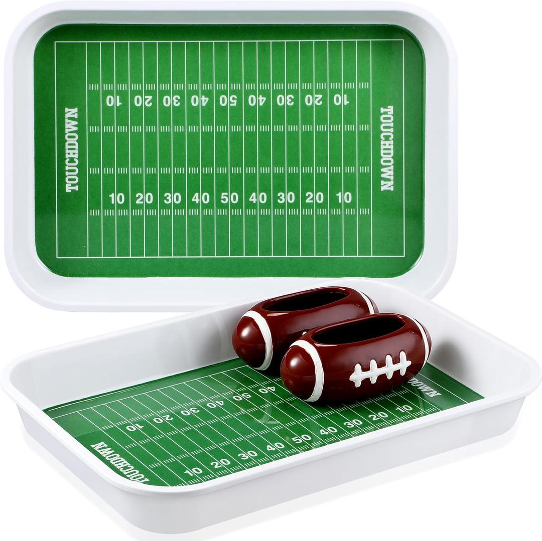 Vesici 4 Pcs Football Stadium Chip and Dip Sports Serving Set with 2 Ceramic Bowls and 2 Melamine Trays for Football Tailgate Decorations