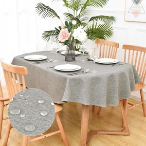 Faux Linen Oval Tablecloth Farmhouse Waterproof Grey Table Cloth Washable Table Cover for Indoor Outdoor Home Kitchen Dinning Room Banquet 60 x 84 Inch
