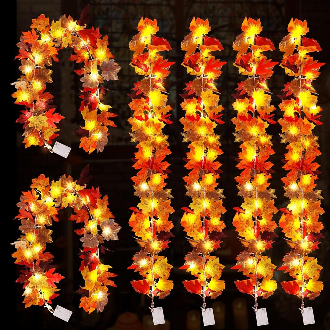 6 Pack Fall Decor Maple Leaves with Lights, 6.8Ft Artificial Maple Leaf Autumn Garland Thanksgiving Decor for Home Indoor Outdoor Autumn Harvest Halloween Decor