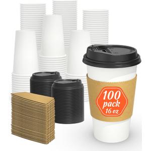 Dealusy 100 Pack 16 oz Disposable Coffee Cups with Lids and Sleeves, Sturdy Thick Paper & Leak-free Insulated to Go Paper Hot Coffee Cups for Hot & Cold Beverage