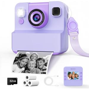 Kids Camera Instant Print with Flip Lens, 1080P HD Video Inkless Toddler Digital Camera with 32GB Card, Portable Travel Christmas Birthday Gift for 3-12 Girls Boys with 3 Rolls Print Paper (Purple)