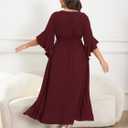 Womens Plus Size Dress Wedding Guest Cocktail Ruffle Half Sleeve Wrap V Neck Slit A Line Maxi Dresses with Belt (XL)