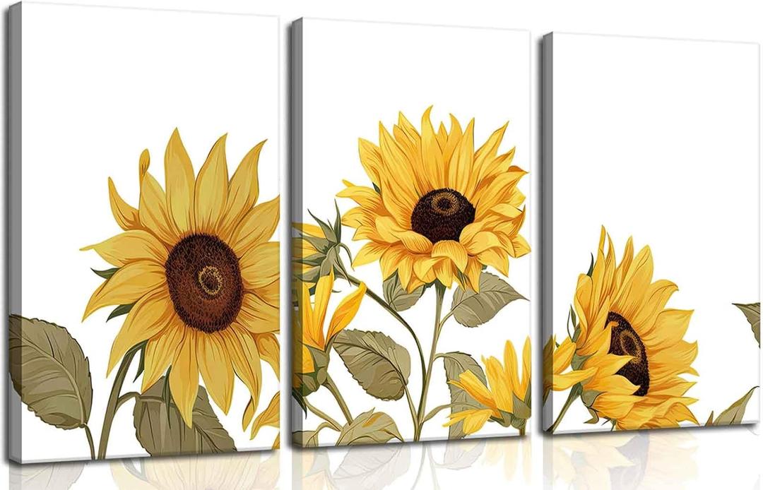 3Pcs Sunflowers Canvas Wall Art Modern Minimalist Yellow Botanical Floral Wall Decor Pictures Rustic Field Plant Flowers Posters Prints for Bathroom Gallery Living Bedroom Decoration (16L" x 12W")