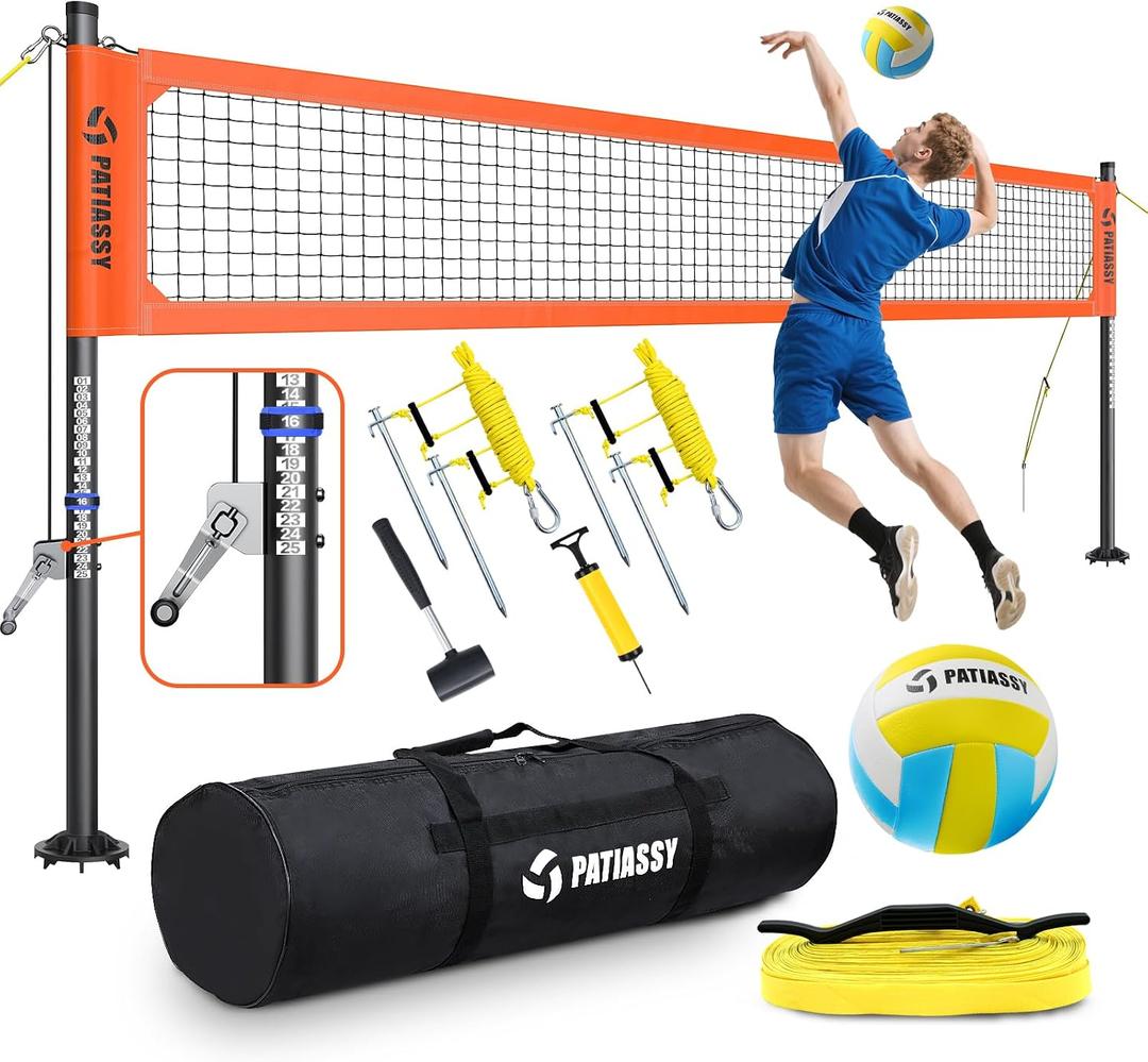 Professional Heavy Duty Volleyball Net Set for Backyard & Beach, Outdoor Net System with Steel Anti-Sag Winch, 32FT Reinforced Net, Height Adjustable Rust-Resistant Aluminum Poles, Portable Carry Bag