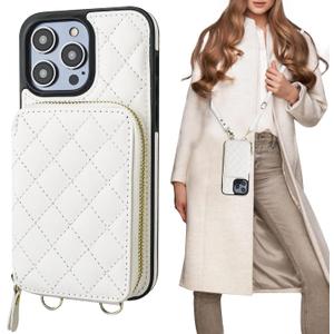 Bocasal Crossbody Wallet Case for iPhone 14 Pro Max, RFID Blocking PU Leather Zipper Handbag Purse Flip Cover, Kickstand Folio Case with Card Slots Holder Wrist Strap Lanyard 5G 6.7 Inch (White)