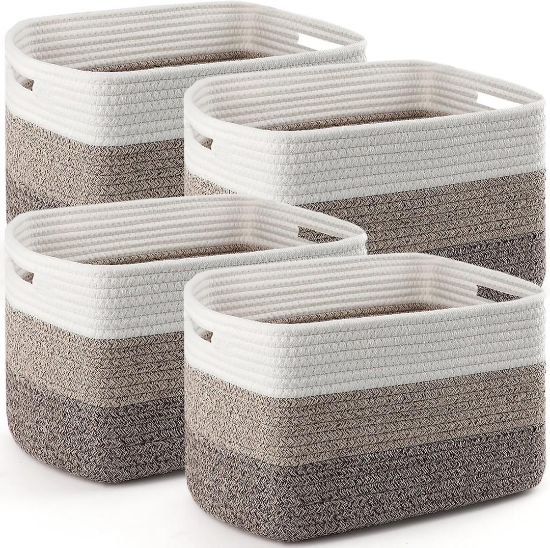 4 Pack Storage Baskets for Organizing, 12''Lx9''Wx8''H Woven Baskets for Storage Toys, Towels, Books, and Clothes, Cotton Rope Basket for Shelves with Handle White & Brown