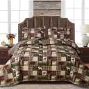 Reversible Lodge Plaid Bedding Moose Bear Quilt Full/Queen Size Rustic Bedspread Cabin Coverlet Wildlife Forest Daybed Cover Summer Lightweight Bed Cover Pillow Shams (Brown Green)