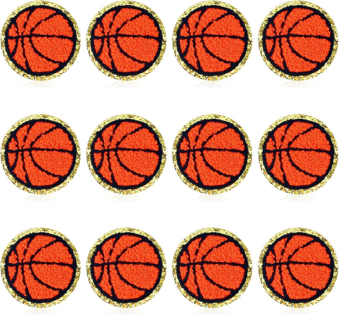 12 Pack Basketball Patches Gold Edges Chenille Patches Basketball Patches Iron On and Sew On Applique Sports Embroidered Patches Badge for Clothes Jeans Jacket Hat Dress Backpacks DIY Clothing Repair