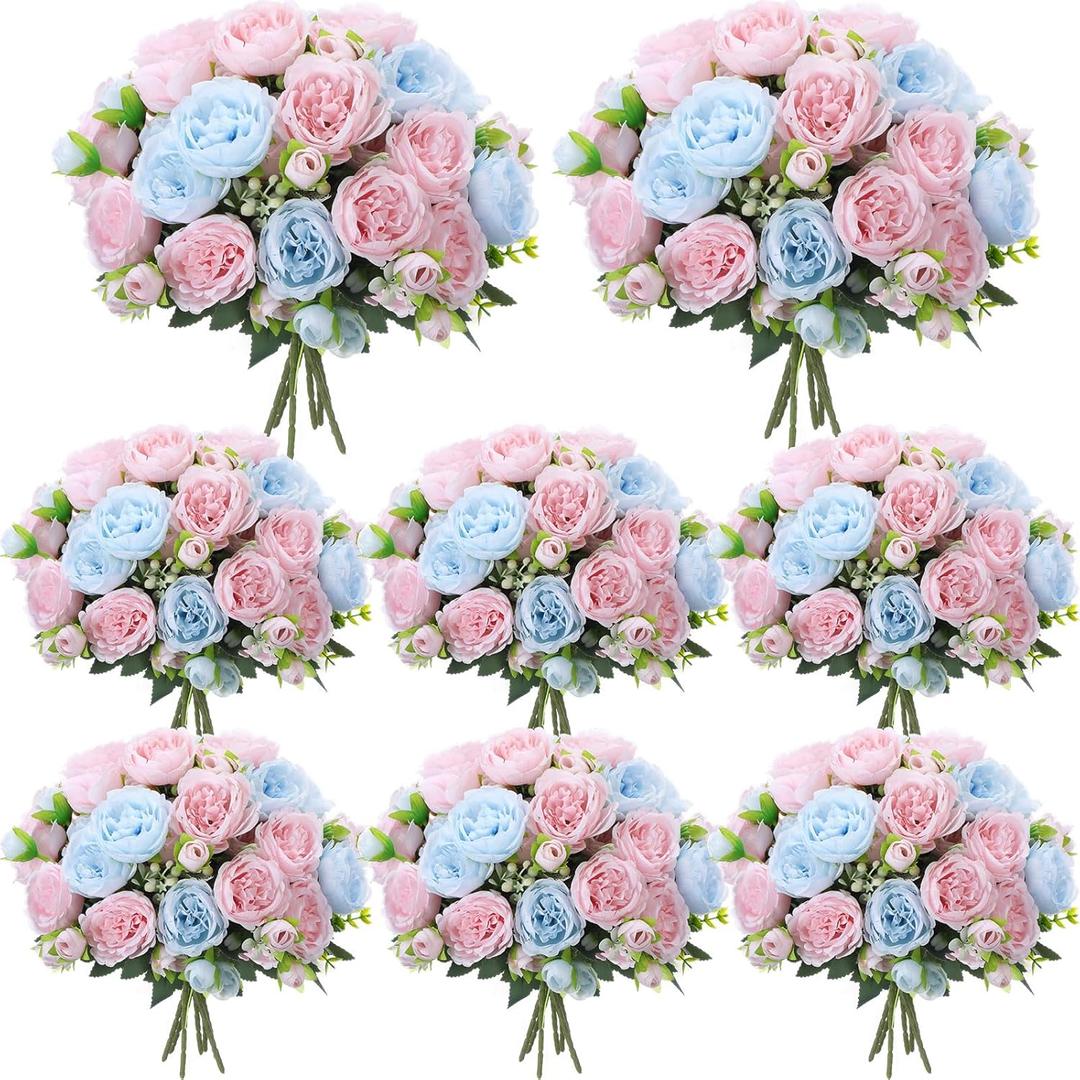 Geosar 8 Bundles Artificial Peonies Flowers Fake Silk Peony Bouquet Faux Peonies Flowers Bulk for Decoration Vase Floral Arrangements Wedding Party Table (Light Pink,Light Blue)