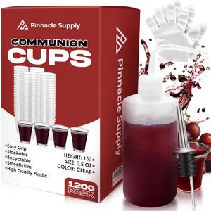1200 Pack Communion Cups with Communion Cup Filler, Pour Spout & Food Prep Gloves - 0.5 oz Clear Plastic Cups - Disposable, Recyclable, Quality Communion Supplies - Santa Cena, Holy Communion Set