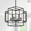 Black Farmhouse Chandelier Light Fixture: 4-Light Rustic Industrial Lantern Pendant Lighting Large Metal Cage Hanging Lights for Dining Room Kitchen Island Entryway Living Room Bedroom Staircase