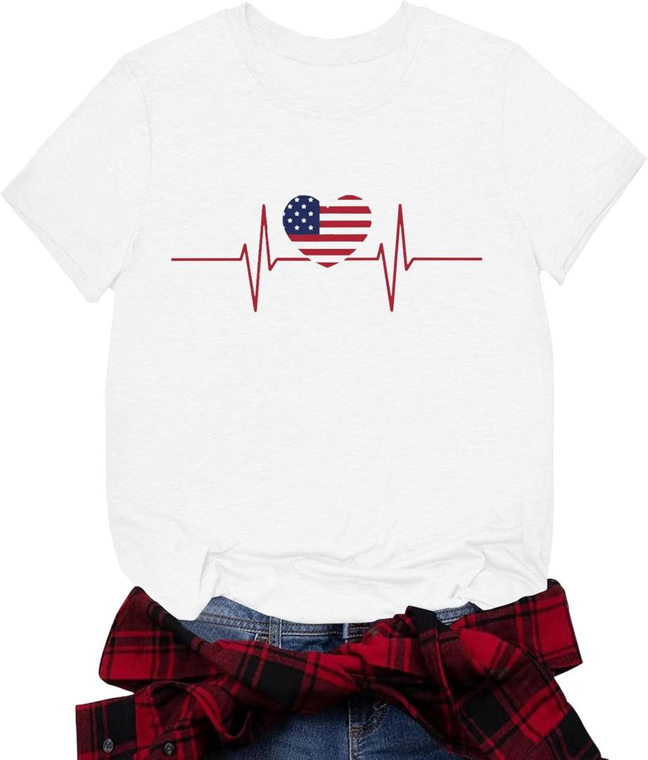 Patriotic Shirts July 4th Shirts for Women American Flag Heart T-Shirts USA Fourth of July Casual Tee Top (White, L)