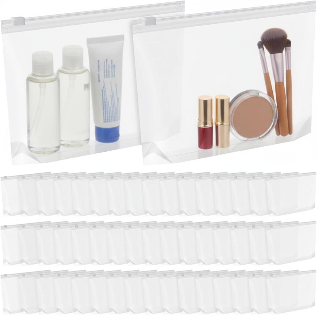 Bokon 100 Pcs Small Toiletry Bags Bulk, 5.12 x 8.11 Inches Clear Cosmetic Makeup Bags with Zipper Travel Pouches for Women Waterproof Transparent PE Storage Organizer for Swimsuit Bikini Vacation