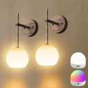 Walnut Grain Battery Operated Wall Sconces Set of 2, Rechargeable Wireless Wall Lights with Milky White Frosted Glass, 12 RGB and 3CCT Dimmable, Wall Lamps with Remote for Bedroom Living Room Hallway