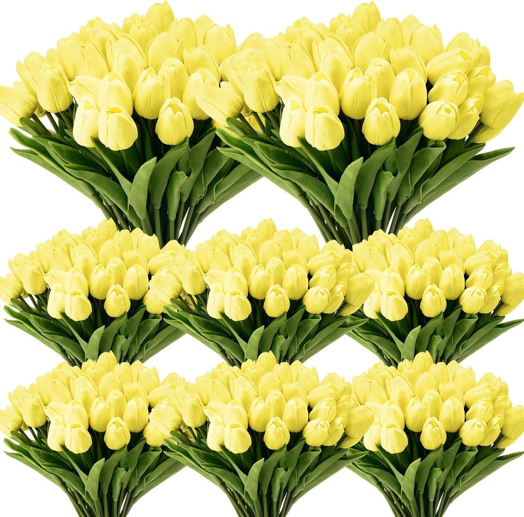 Janinka 100pcs Artificial Tulip Flowers Fake PU Tulips Faux Latex Bouquet Flower Centerpieces Arrangement Floral for Wedding Spring Decorations (1 Head,Light Yellow)