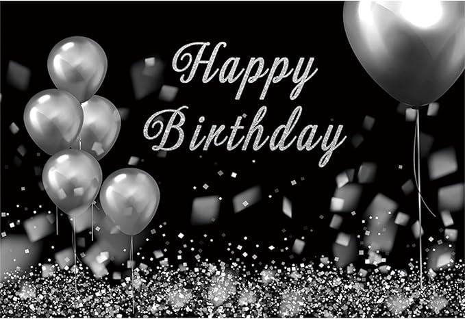 Baocicco 10x8ft Happy Birthday Photography Background Diamond Shiny Glitter Silver White and Black Balloons Backdrop Birthday Ceremony Decoration White Black Birthday Party Supplies Adult Photo Prop