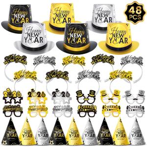 48PCS New Years Eve Party Supplies 2026 for 24 Guests, Happy New Years Decorations Party Favors Includes Top Hats, Tiaras, Glasses Accessories for Adults Nye Decorations 2026