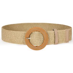 SANSTHS Womens Wide Elastic Belt, Boho Straw Braided Belt for Dresses Jeans Coats with Square Buckle (M:Fit waist size below 33 inch, Khaki(round Buckle))