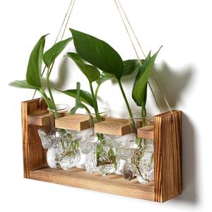 Glass Plant Propagation Station Butterfly Planter Vase with Wooden Stand Birthday Gifts for Women Mom Plant Lovers Office Home Decoration