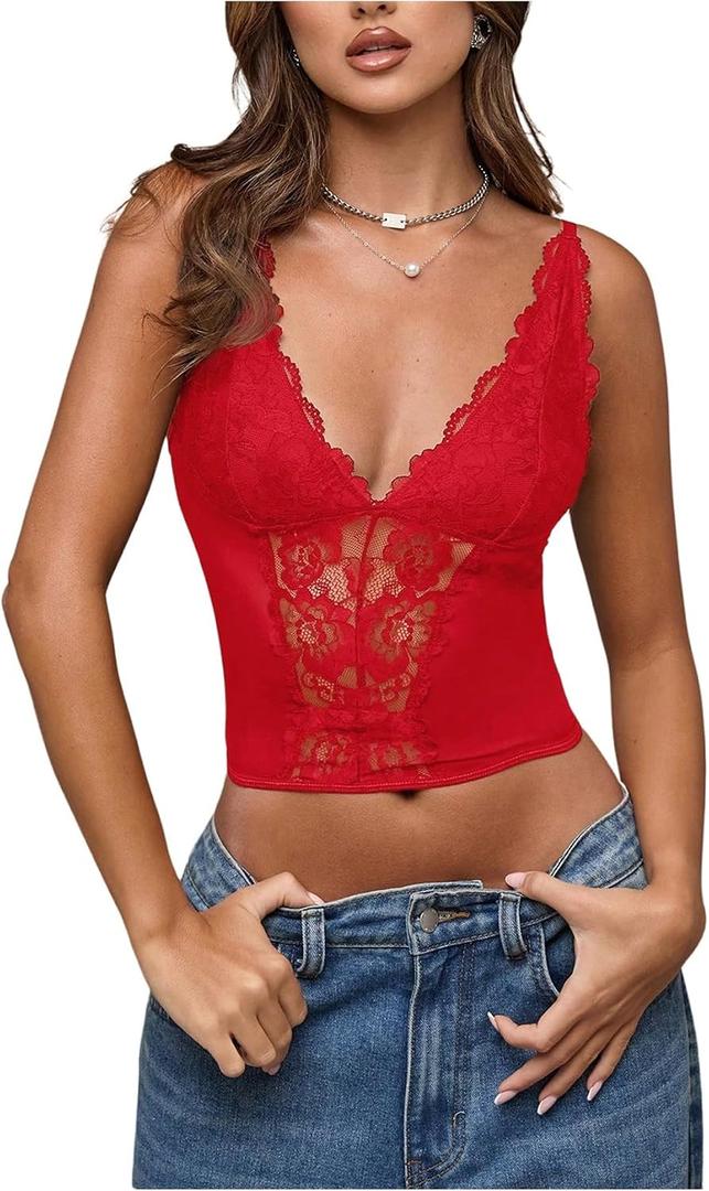 SHENHE Women's Mesh Lace Bustier Corset Top Deep V Neck Spaghetti Strap Fitted Crop Cami Tank (Red, M)