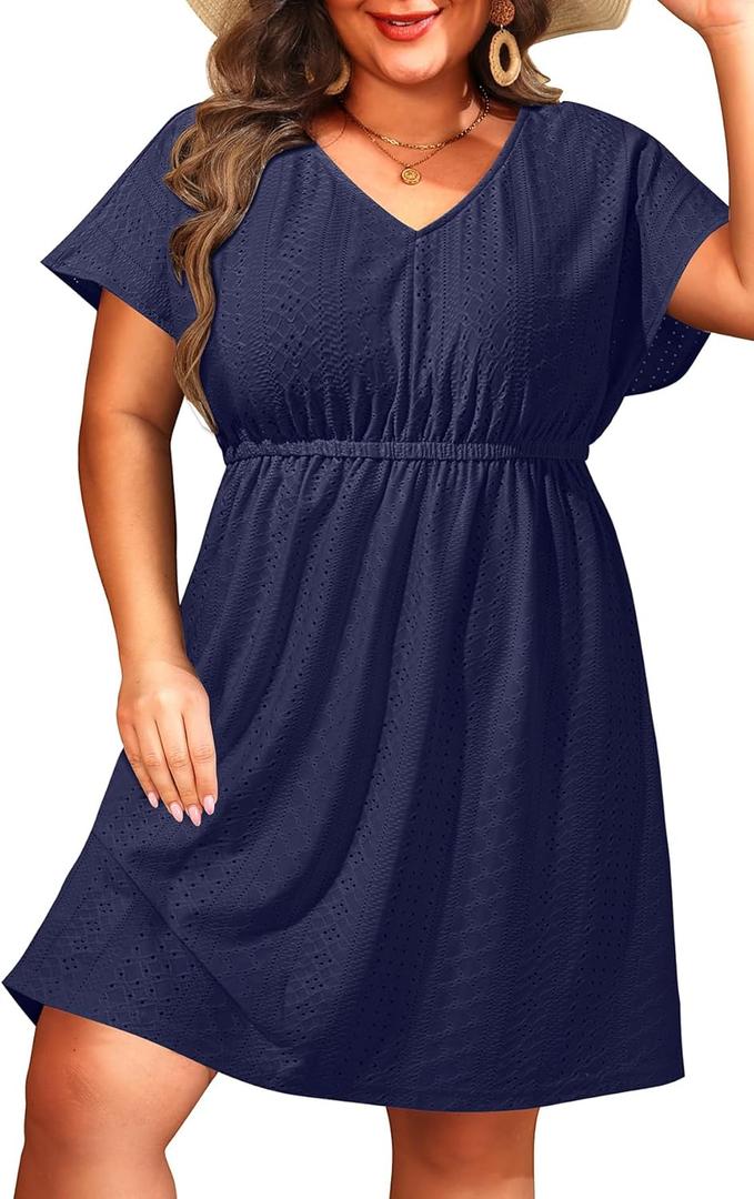 Pinup Fashion Plus Size Swimsuit Cover Up Women - Hollow Out V Neck Beach Dress Coverups (16W)
