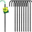 12 Inch Rebar Stakes Heavy Duty 10 Pack, J Hook Ground Stakes, Galvanized Steel Trampoline Stakes, Tent Anchor Kit Anti-Rust, Drip Hose Wind Stakes, Black