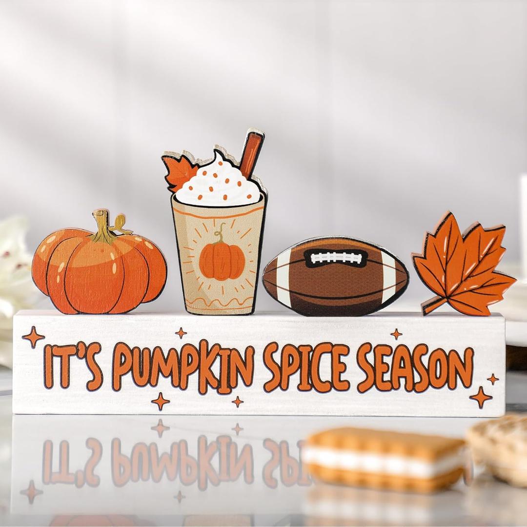 Geelin 5 Pcs Fall Decorations for Home Fall Football Tiered Tray Decor Rustic Wooden Maple Leaf Block Sign It's Pumpkin Spice Season Thanksgiving Table Centerpiece for Farmhouse Autumn Harvest Party