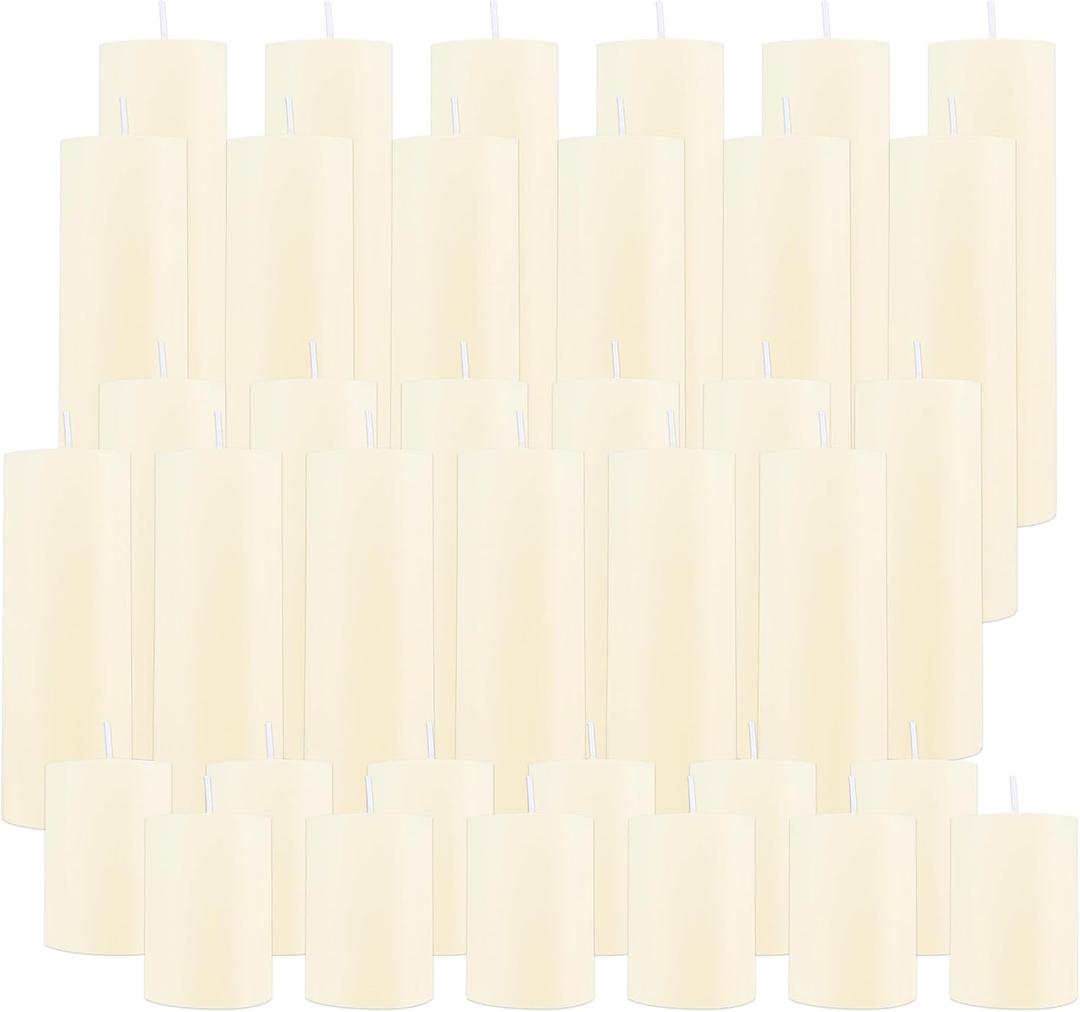 36 Pcs Pillar Candles, Unscented Ivory White Pillar Candles, Smokeless Long Burning Wax Candles for Wedding Centerpieces, Valentines Day, Fireplace, Special Occasion, 2 in by 3, 5.9, 7.8IN