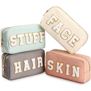 4 Pcs Preppy Makeup Bags Chenille Letter Stuff Bag Nylon Cosmetic Pouch Cases with Zipper for Women Travel Toiletry