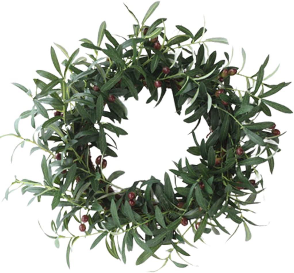 Beautifully Nordic Decorative Wreath Green Olive Wreath Handmade Green Leaves Wreath Wall Hanging Outdoor for Front Door Wall Decor Diverse (B-55cm/22in)