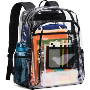 Vorspack Clear Backpack Heavy Duty - Extra Large Clear Book Bag with Multi-pockets See Through Backpack for College Workplace Travel - Black