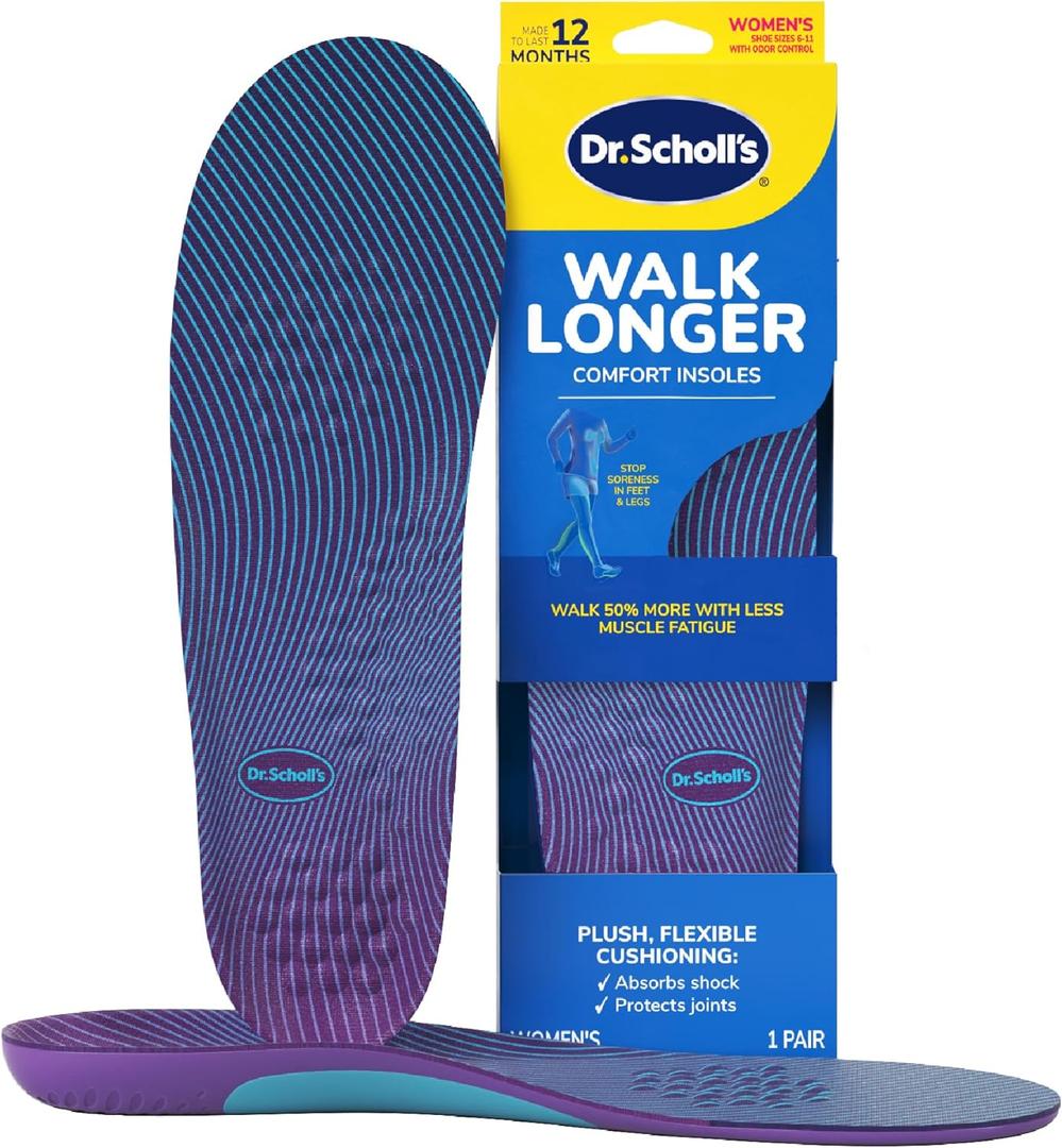 Dr. Scholl's Walk Longer Insoles - Comfortable Plush Foam Cushioning Inserts for Walking, Hiking, and Standing on Feet All-Day with Arch Support - Walk 50% Longer Without Muscle Fatigue, 6-11