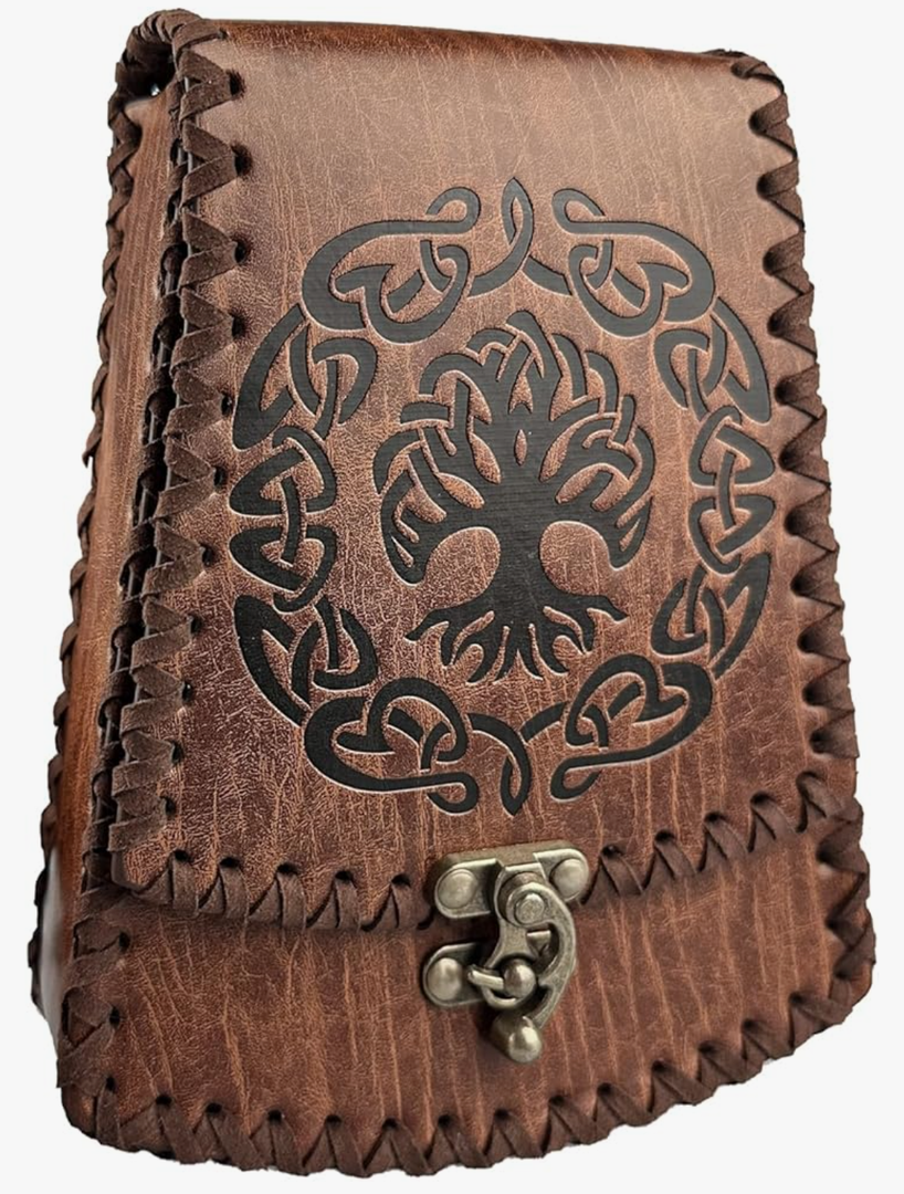 HiiFeuer Nordic Embossed Faux Leather Belt Bag, Medieval Retro Waist Bag, Vintage Portable Buckle Belt Pouch for Ren Faire (Brown B)