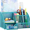 EasyPAG Mesh Desk Organizer with Drawer Multi-Functional Pen Holder Stationery Organizer for Office School Supplies 6 Compartments Dorm Organizers and Storage for Desk, Blue