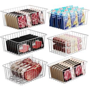 iSPECLE Freezer Organizer Bins - 6 Pack Stand Up Freezer Organizers for 16 Cu.Ft Upright Freezer, Storage Baskets for Meat & Veggies, Prevents Items Falling, Slide-Out Access, 3 Large 3 Medium, White