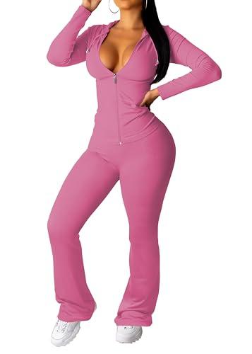 rgePINSV Women 2 Piece Outfits Workout Bodycon Tracksuit Long Sleeve Zip Up Hoodie Matching Flared Pants Sets (Pink, Large)